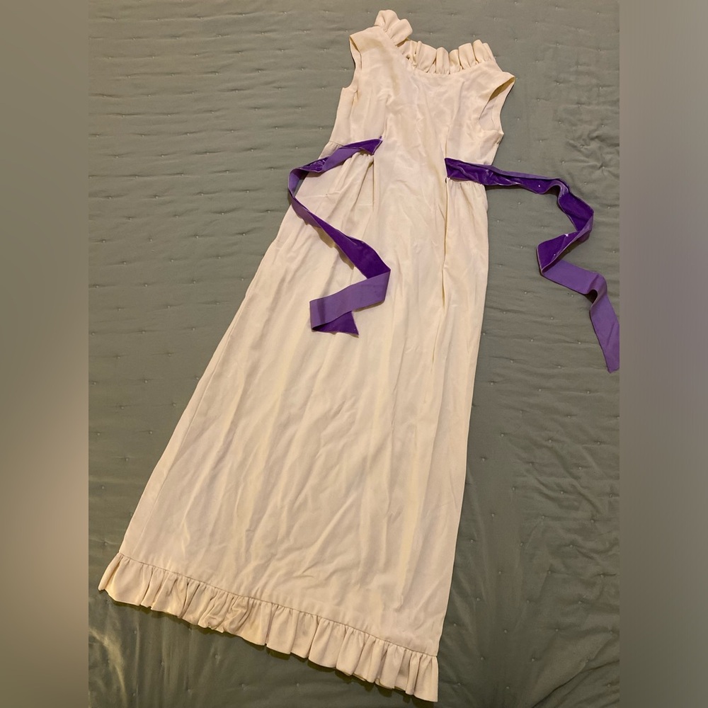 Ivory/Cream 70s Ruffle Babydoll Maxi Dress with Purple Velvet Sash